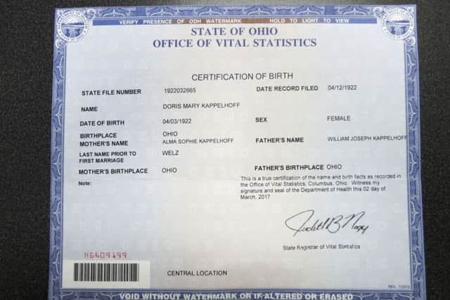 This image of a document provided by the State of Ohio Office of Vital Statistics shows Doris Mary Kappelhoff's birth certificate. Kappelhoff, known as actress Doris Day, was born April 3, 1922 and celebrates her 95th birthday Monday. (State of Ohio Office of Vital Statistics via AP)