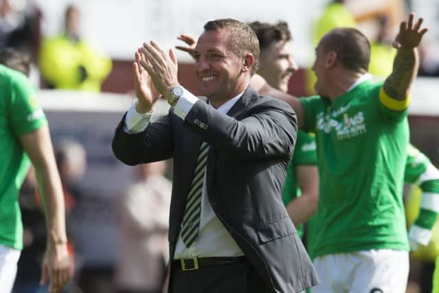 Celtic manager Brendan Rodgers celebrates at full time at Tynecastle after his side clinched the title. Picture: Craig Foy/SNS