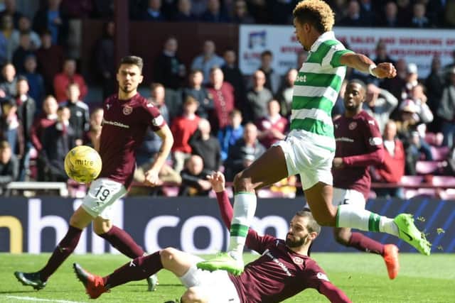 Hearts' Anastasios Avlonitis pokes the ball into his own net but the goal is chalked off. Picture: SNS
