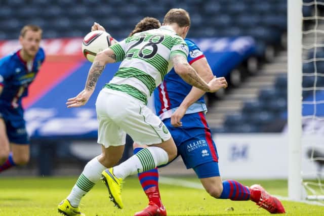 Inverness CT's Josh Meekings (right) handles Leigh Griffiths' headed effort in a 2015 Scottish Cup semi-final. Picture: SNS