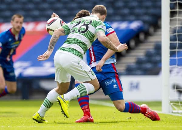 Inverness CT's Josh Meekings (right) handles Leigh Griffiths' headed effort in a 2015 Scottish Cup semi-final. Picture: SNS