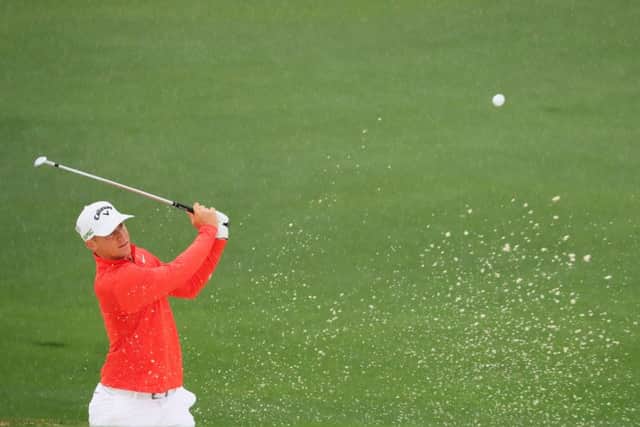 Alex Noren plays a bunker shot during a practice round prior to the start of the Masters. Picture: Andrew Redington/Getty Images