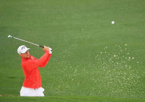 Alex Noren plays a bunker shot during a practice round prior to the start of the Masters. Picture: Andrew Redington/Getty Images