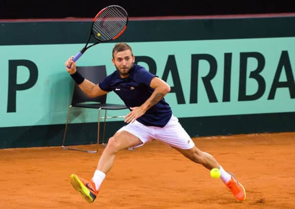 Team GB's Dan Evans during practice forto the France v Great Britain Davis Cup World Group quarter-final. Picture: Getty Images for LTA