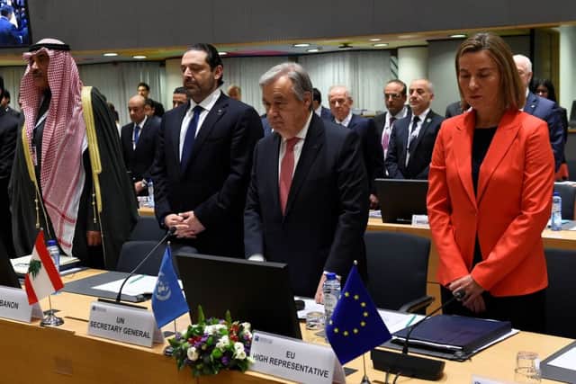 UN Secretary-General Antonio Guterres (centre right) leads a minute silence for the victims of the Syrian attack. Picture: AFP/Getty Images