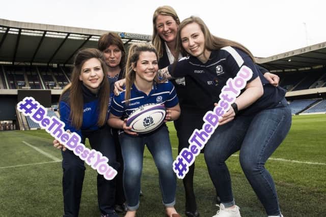 (From left to right in the front row) Scotland players Jemma Forsyth, Lisa Martin and Jade Konkel join (from left to right at the back) SRU head of womens rugby Sheila Begbie and SRU vice president Dee Bradbury to promote the #Be The Best You campaign. Picture: SNS/SRU
