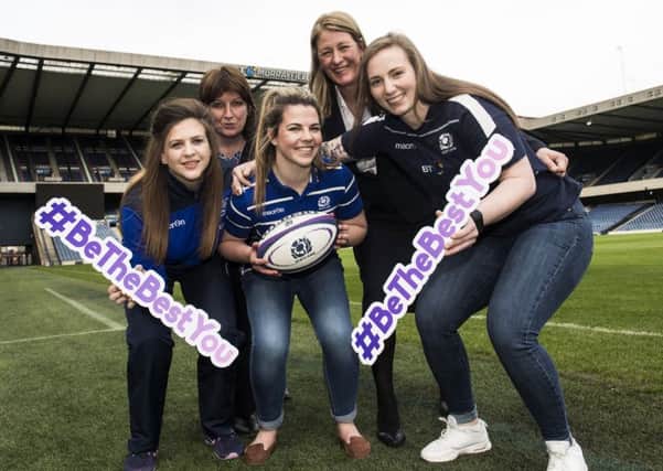 (From left to right in the front row) Scotland players Jemma Forsyth, Lisa Martin and Jade Konkel join (from left to right at the back) SRU head of womens rugby Sheila Begbie and SRU vice president Dee Bradbury to promote the #Be The Best You campaign. Picture: SNS/SRU