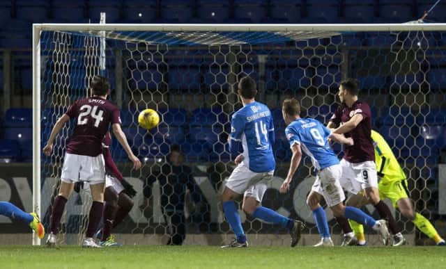 St Johnstone's Joe Shaughnessy (centre) scores the winning goal. Picture: SNS