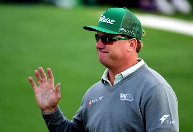 Charley Hoffman waves to the crowd en route to his seven-under 65 in the first round of the 81st Masters. Picture: Getty Images