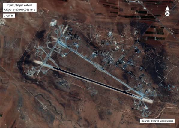 The Shayrat airfield in Syria was hit with a massive military strike in retaliation for a "barbaric" chemical attack President Trump blamed on President Bashar al-Assad. Picture: US Department of Defense