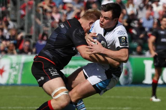 Glasgow winger Lee Jones is stopped in his tracks by Saracens Jackson Wray last Sunday. Picture: David Rogers/Getty Images