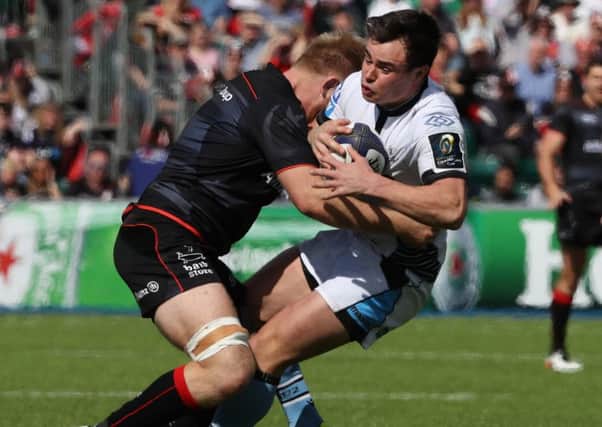Glasgow winger Lee Jones is stopped in his tracks by Saracens Jackson Wray last Sunday. Picture: David Rogers/Getty Images