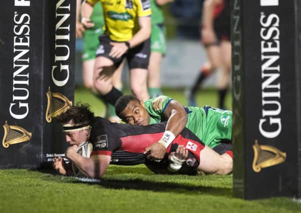 Edinburgh's Hamish Watson dives under the posts to score his side's second try against Connacht. Picture: SNS/SRU