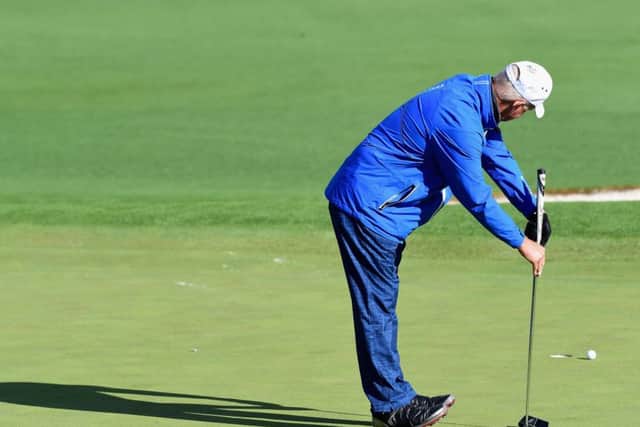 Sandy Lyle reacts to missing a putt in the second round at Augusta National. Picture: Getty Images