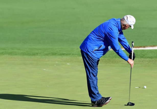 Sandy Lyle reacts to missing a putt in the second round at Augusta National. Picture: Getty Images