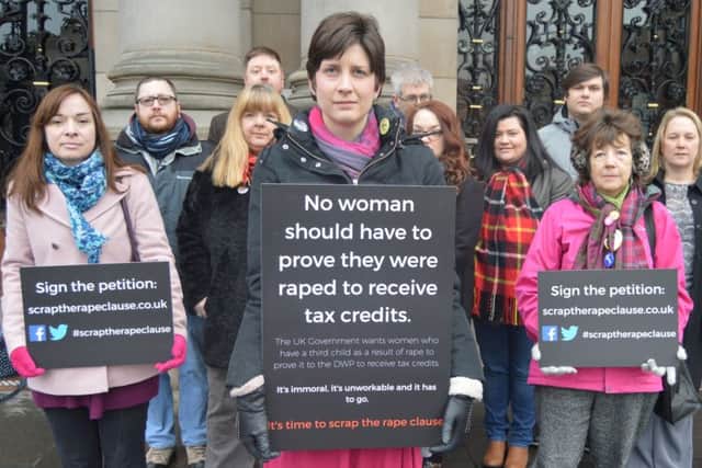 Alison Thewliss, SNP MP for Glasgow Central, leads a protest against the rape clause at Westminster