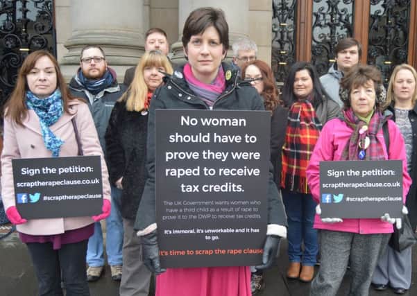 Alison Thewliss, SNP MP for Glasgow Central, leads a protest against the rape clause at Westminster