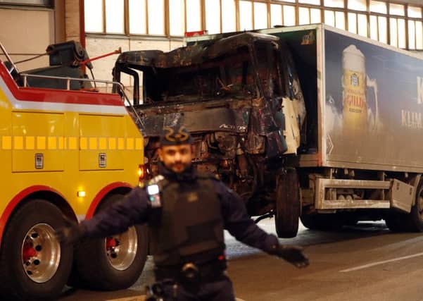 The stolen truck, which was driven through a crowd outside a department in Stockholm. Picture: Getty