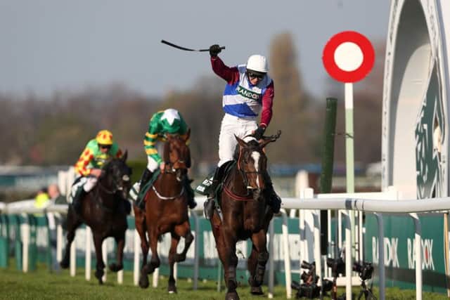 One For Arthur ridden by Derek Fox wins the Grand National at Aintree. Pic: Davies/PA Wire