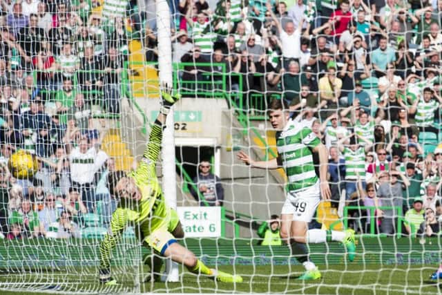 James Forrest scores his first headed goal in senior football to put Celtic 3-1 ahead. Picture: SNS.