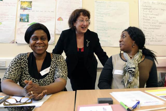 Minister for women's employment Annabelle Ewing meets members of the Bridges Programme in Glasgow, which helps refugees and asylum seekers find appropriate work placements. Picture: John Devlin/TSPL