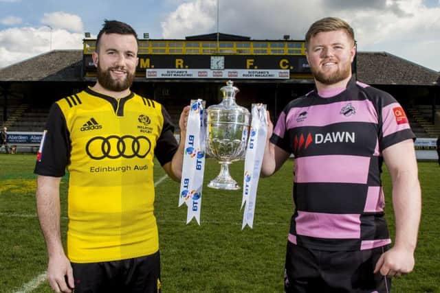 Melrose captain Bruce Colvine, left, and Ayrs Lewis Anderson meet at the Greenyards ahead of the BT Premiership final this Saturday. The teams meet again in the BT Cup final at Murrayfield a week later. Picture: Paul Devlin/SNS/SRU