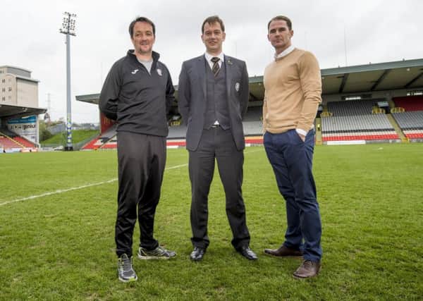 Partick Thistle manager Alan Archibald (right) joins Managing Director Ian Maxwell (centre) and Thistle Weir Youth Academy Director Gerry Britton as the club announce they will have their own dedicated training ground. Picture: SNS