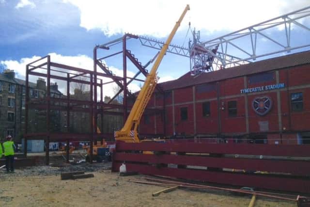 Construction of the new main stand behind the existing structure. Picture: Hearts FC