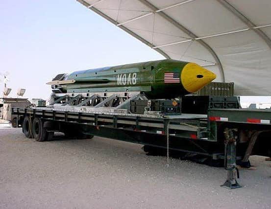 A Pentagon spokesman said it was the first-ever combat use of the bomb, known as the GBU-43 (Eglin Air Force Base via AP)
