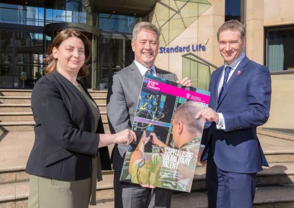 ***FREE USE IMAGE*** Keith Brown MSP launches a toolkit to help firms embrace the skills of veterans and support former military personnel into second careers. PicturedL-R: Laura Mazzara (a veteran who now works for Standard Life), Keith Brown MSP, Mark Bevan (BITC Scotland, Operations Director) Image by: Malcolm McCurrach Tue, 21, March, 2017 | © Malcolm McCurrach 2017 | New Wave Images UK | All rights Reserved. picturedesk@nwimages.co.uk | www.nwimages.co.uk | 07743 719366 | Press Photographer | Corporate Photographer | Event Photographer | PR Photographer