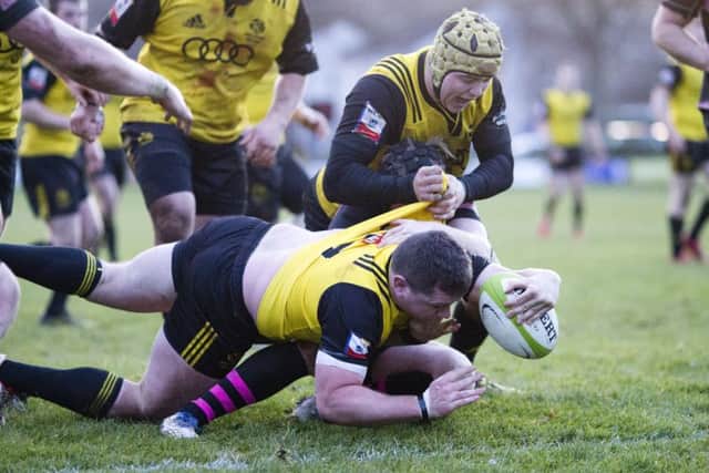 Grant Runciman scores a try for Melrose in their 27-10 victory over Ayr at The Greenyards in December. Picture: Graham Stuart/SNS