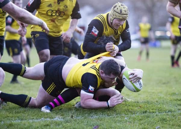 Grant Runciman scores a try for Melrose in their 27-10 victory over Ayr at The Greenyards in December. Picture: Graham Stuart/SNS