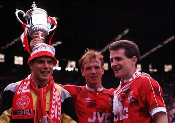 Three musketeers: Theo Snelders, Alex McLeish and penalty hero Brian Irvine celebrate Hampden win in 1990.
Picture: SNS Group