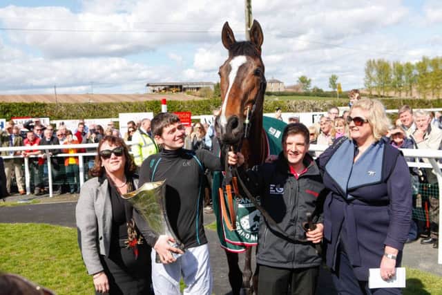 Picture Toby Williams 07920841392. Grand National Winner 2017, One For Arthur, led by groom Mark Ellwood, meets his adoring fans at Kelso Racecourse, Scottish Borders. L-R. Owner,Belinda McClung, Jockey Derek Fox, Groom Mark Ellwood and Owner Deborah Thompson.
