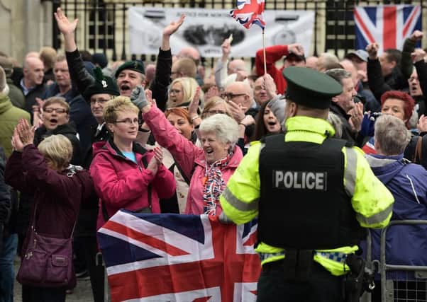 The rally and counter protest took place on the anniversary of the Good Friday peace agreement as talks to return political power to Stormont are put on temporary hold. (Photo by Charles McQuillan/Getty Images)