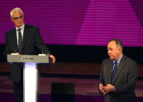 Alistair Darling and First Minister Alex Salmond at the second television debate over Scottish independence at Kelvingrove Art Gallery and Museum in Glasgow in 2014.