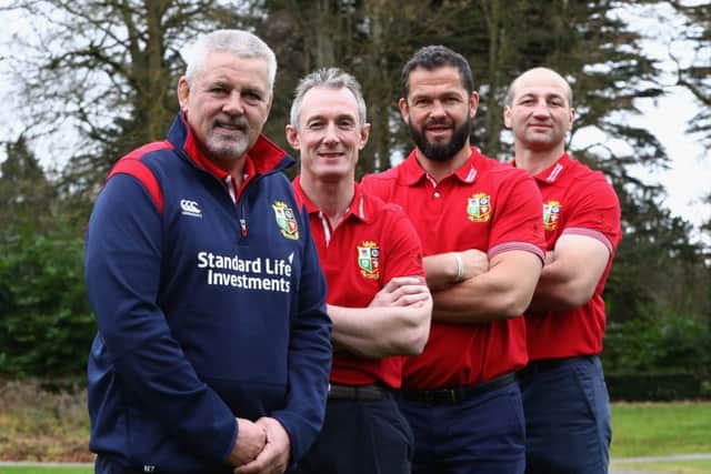 Warren Gatland, Lions head coach, Rob Howley, backs coach, Andy Farrell, defence coach and Steve Borthwick the forwards coach. Photograph: David Rogers/Getty Images