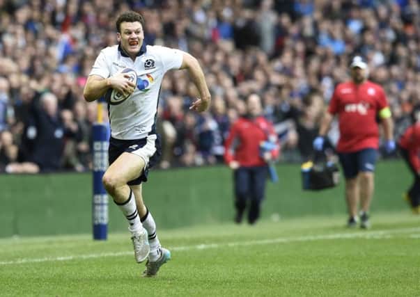 Duncan Taylor runs through to score Scotland's second try in last year's Six Nations match against France at BT Murrayfield.   Picture Ian Rutherford