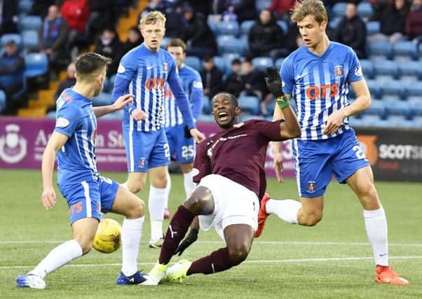 Hearts' Arnaud Djoum goes down in the box against Kilmarnock. Picture: Rob Casey/SNS