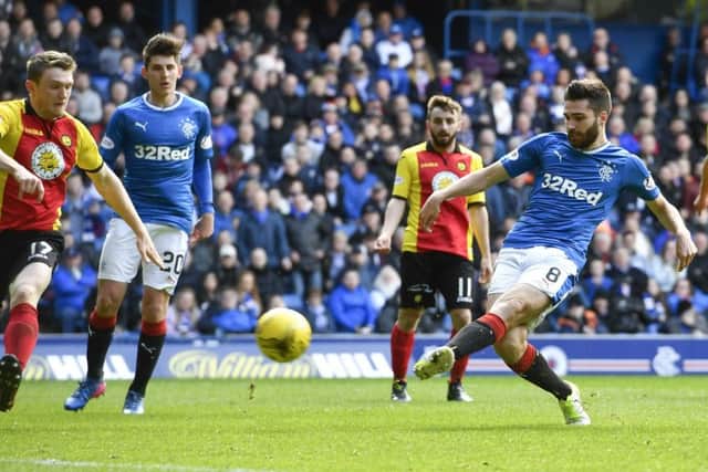 Jon Toral beats Tomas Cerny to secure three points for Rangers. Pic: SNS/Rob Casey