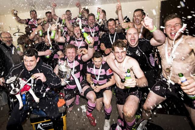 The Ayr team celebrate their 12-8 win over Melrose which clinched the BT Premiership title. Picture: Gary Hutchison/SNS