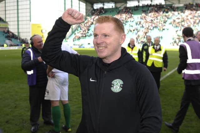 Neil Lennon celebrates leading Hibs to the Championship title. Pic: Neil Lennon