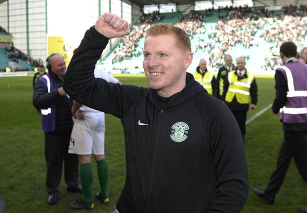 Neil Lennon celebrates leading Hibs to the Championship title. Pic: Neil Lennon