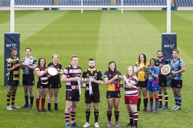 Finalists look ahead to BT Cup Finals Day at BT Murrayfield.
Pictured, from left, are: Chris Britee-Steer (Portobello), Andrew McOuat (Blairgowrie), Heather Davis (Stirling County), Allana McWilliam (Stewartry), Pete McCallum (Ayr), Bruce Colvine (Melrose), Louise McMillan (Murrayfield Wanderers), Sarah Quick (Hillhead/Jordanhill), Lindsay McDermid (Garioch), Linda Morrison (Kirkcaldy), Murray Hastie (Murrayfield Wanderers) and Michael Kirk (Carrick)