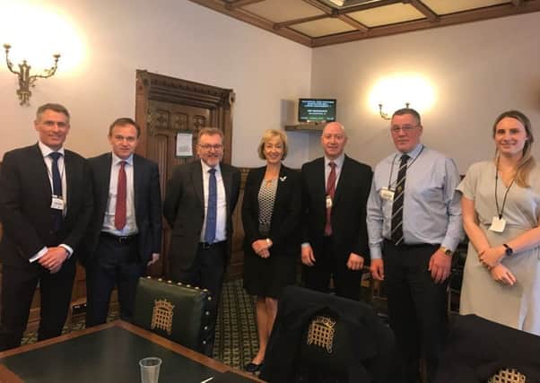 From left: NFU Scotland policy director Jonnie Hall, farm minister George Eustice, Scottish secretary David Mundell, Defra secretary Andrea Leadsom, NFUS vice-president Gary Mitchell, president Andrew McCornick and parliamentary officer Clare Slipper. Picture: Contributed