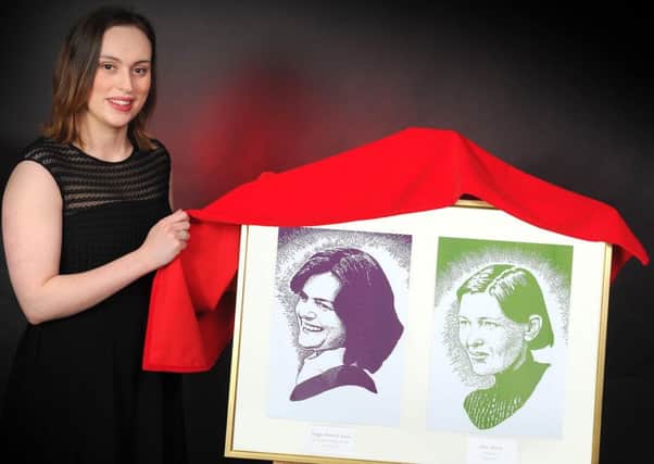 Abby Richards, from Stirling District Tourism, unveils portraits of Mary Slessor and Maggie Keswick Jencks ahead of the ceremony. Picture:
