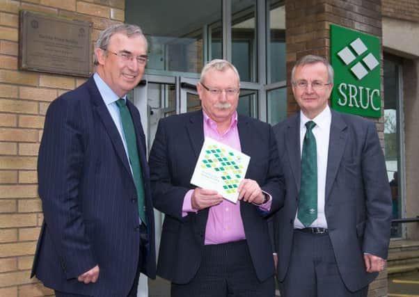 SRUC chairman Pat Machray, left, and vice-chairman Sandy Cumming flank college principal Wayne Powell. Picture: Contributed