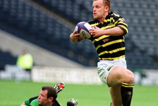 Melrose and Scotland full back Rowen Shepherd leaves the oppostion behind as he breaks away for one of his three tries against Boroughmuir in the 1997 Scottish Cup final. Picture: Ian Rutherford