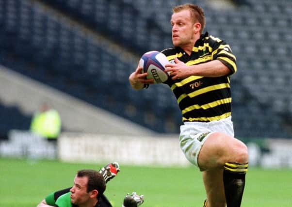 Melrose and Scotland full back Rowen Shepherd leaves the oppostion behind as he breaks away for one of his three tries against Boroughmuir in the 1997 Scottish Cup final. Picture: Ian Rutherford