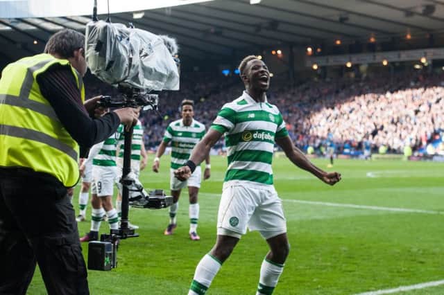 Moussa Dembele celebrates after scoring against Rangers in the Betfred Cup semi-final. Picture: John Devlin